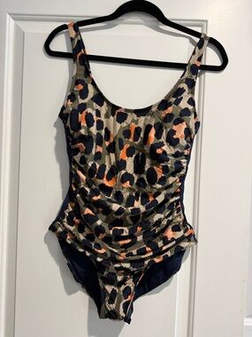 DKNY Leopard Print One-Piece Swimsuit in Navy, Olive & Coral
